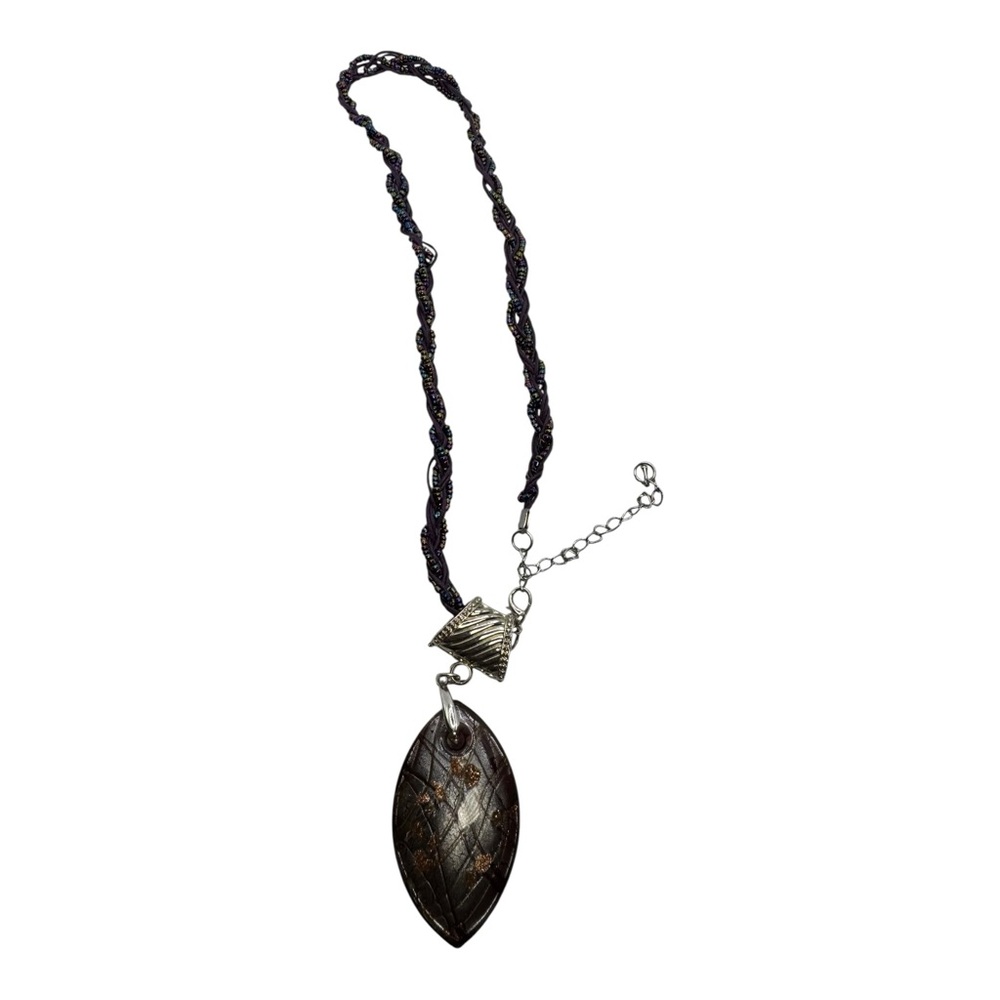Purple Braided Cord Necklace with Leaf-Shaped Glass‎ Pendant – Adjustable Length